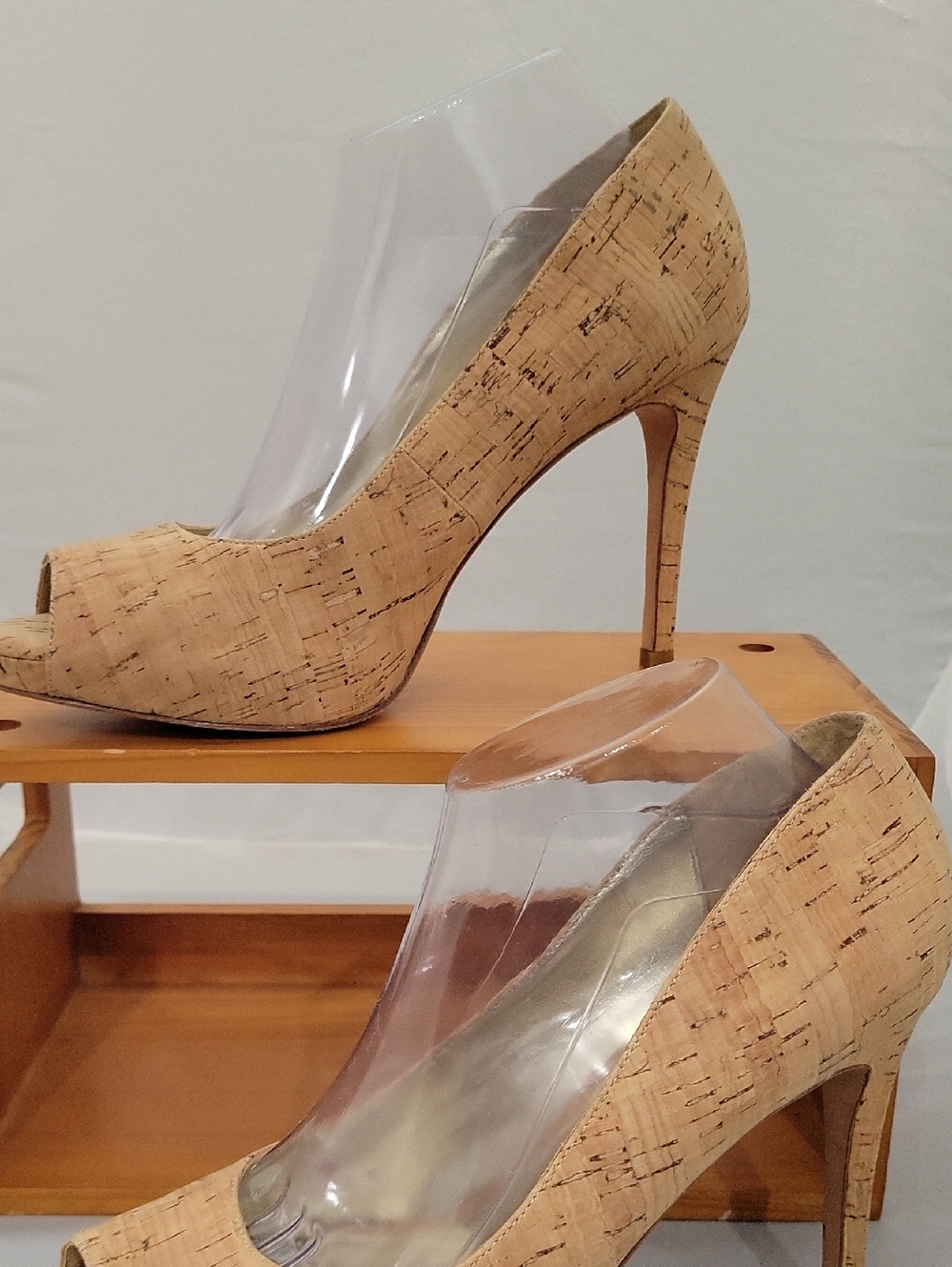 Elaine Turner Natural Cork Peep-Toe Stiletto Heels